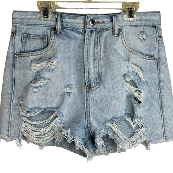 Factory Distressed Light Wash Denim Jean Short Fray Hem 5 Pockets Women Sz Large - Picture 1 of 6